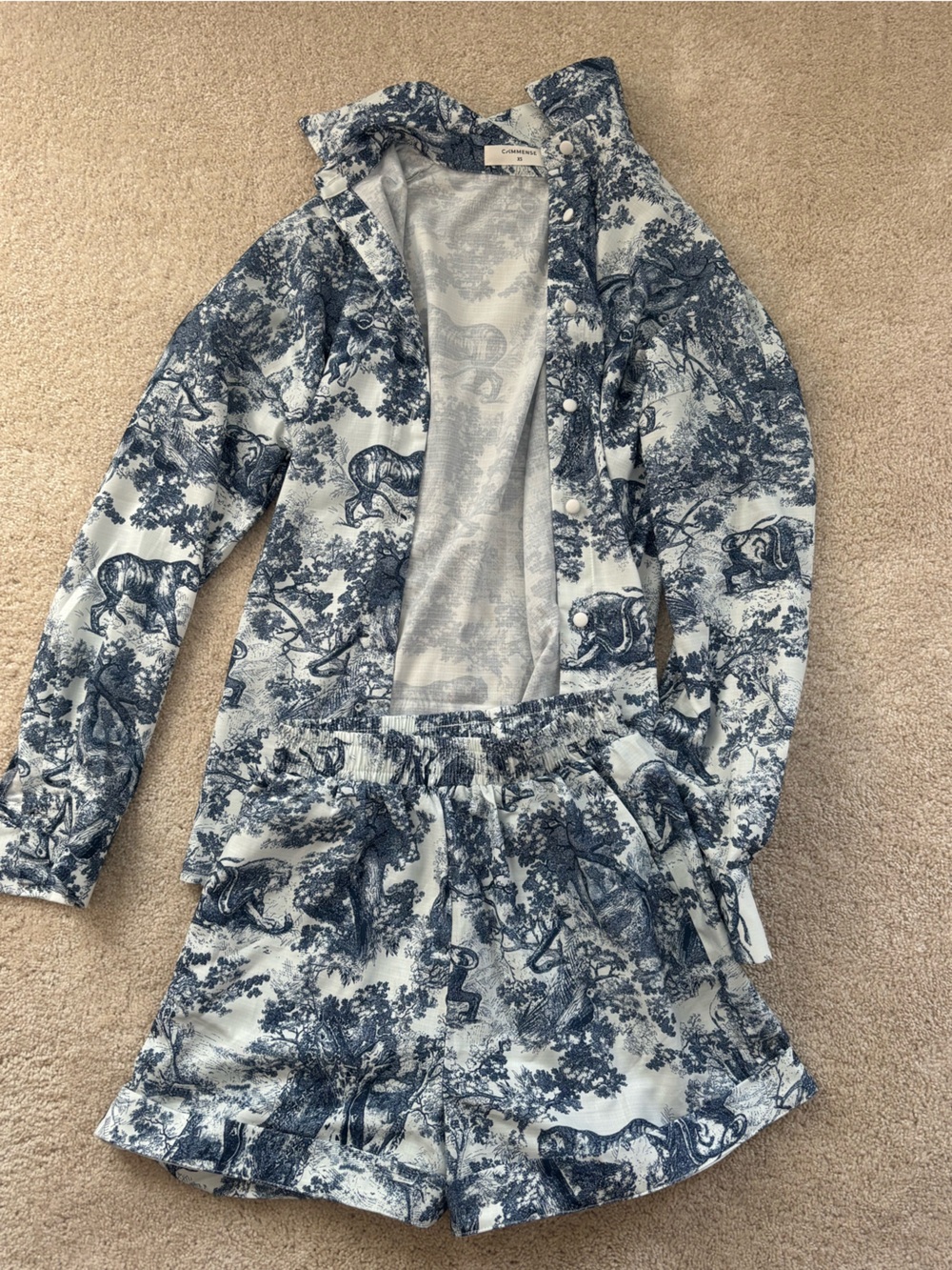 Commense Blue and White Patterned Long Sleeve Jumpsuit